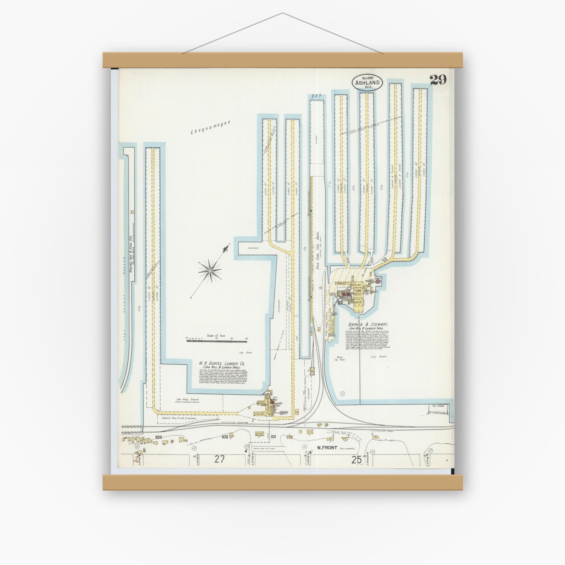 Old map wall art mockup — magnetic wood frame on white wall — Sanborn Fire Insurance Map from Ashland, Ashland County, Wisconsin (1901), Sheet #0029
