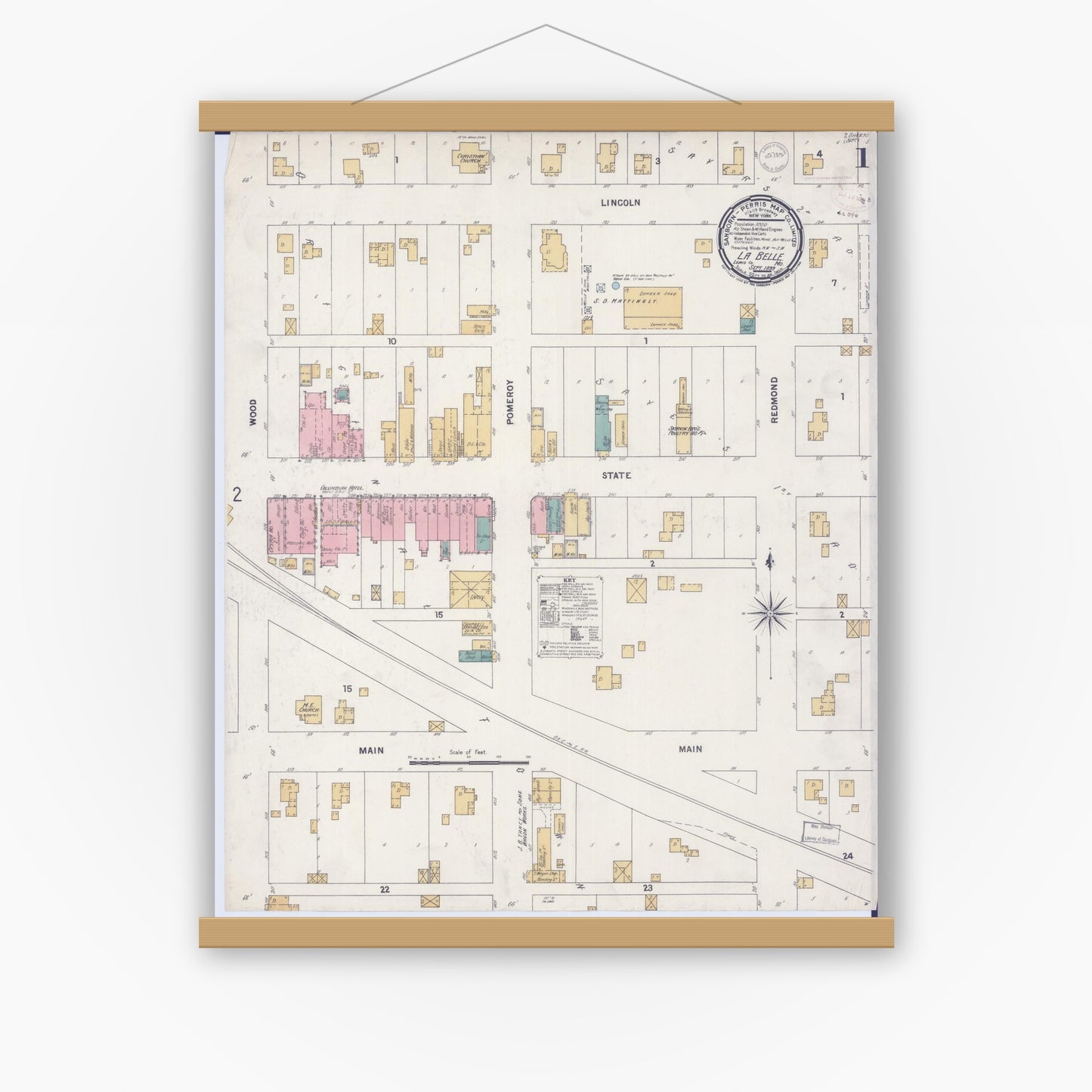 Old map wall art mockup — magnetic wood frame on white wall — Sanborn Fire Insurance Map from La Belle, Lewis County, Missouri (1899) - Complete Map Set