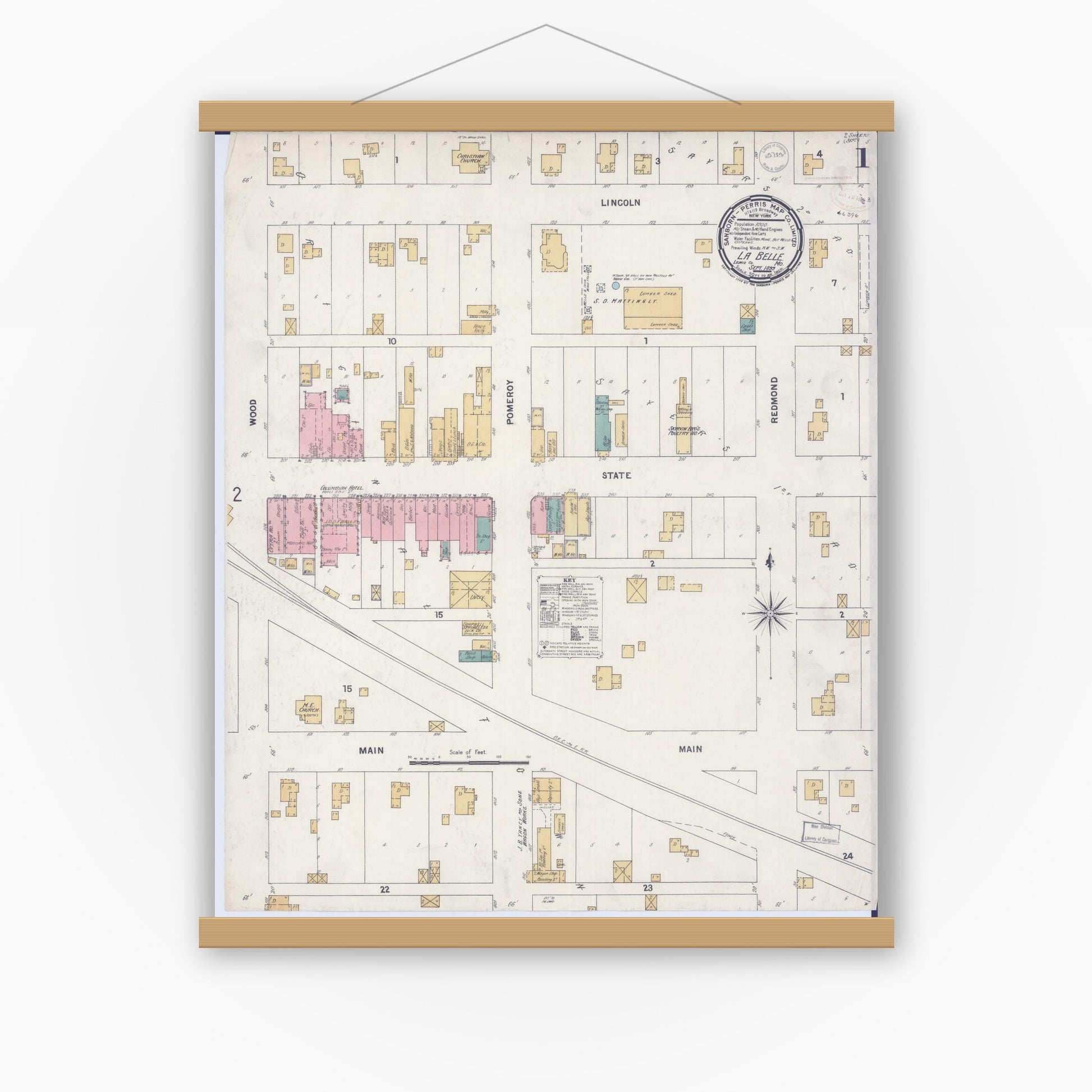 Old map wall art mockup — magnetic wood frame on white wall — Sanborn Fire Insurance Map from La Belle, Lewis County, Missouri (1899) - Complete Map Set