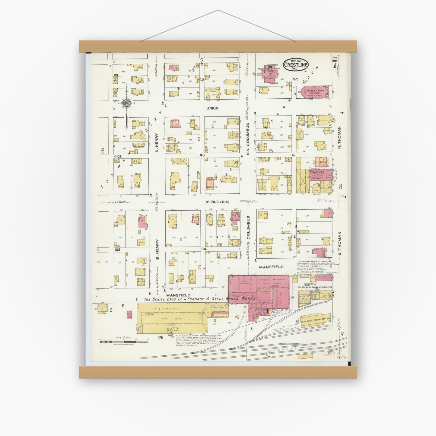 Old map wall art mockup — magnetic wood frame on white wall — Sanborn Fire Insurance Map from Crestline, Crawford County, Ohio (1921), Sheet #0007