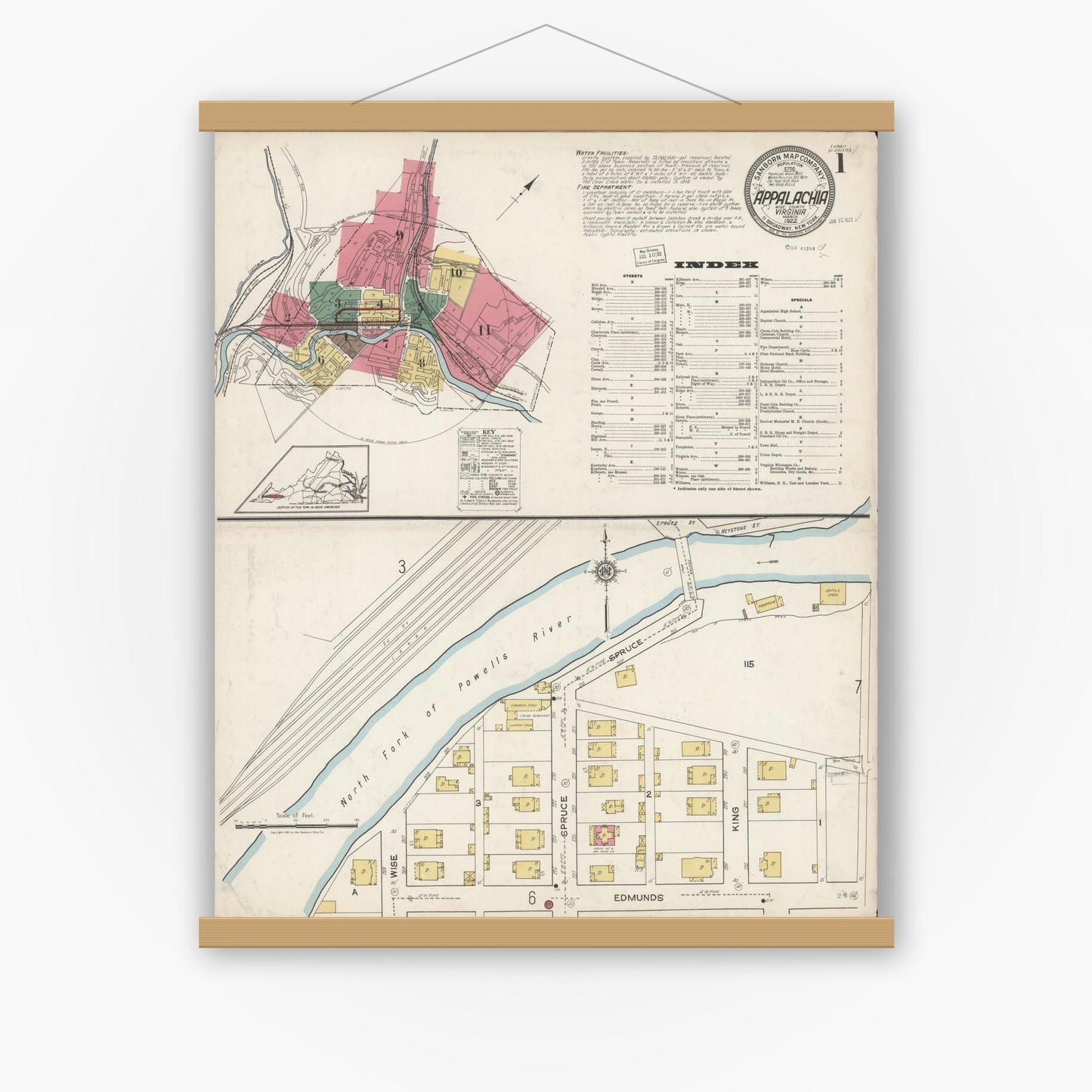 Old map wall art mockup — magnetic wood frame on white wall — Sanborn Fire Insurance Map from Appalachia, Wise County, Virginia (1922) - Complete Map Set