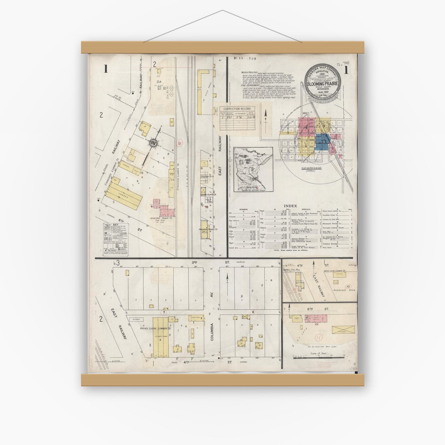 Old map wall art mockup — magnetic wood frame on white wall — Sanborn Fire Insurance Map from Blooming Prairie, Steele County, Minnesota (1937), Sheet #0001