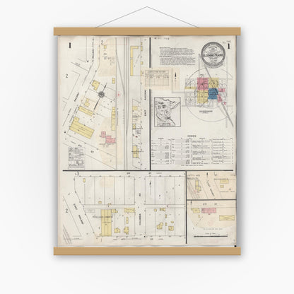 Old map wall art mockup — magnetic wood frame on white wall — Sanborn Fire Insurance Map from Blooming Prairie, Steele County, Minnesota (1937), Sheet #0001