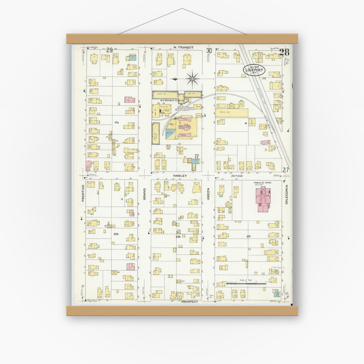 Old map wall art mockup — magnetic wood frame on white wall — Sanborn Fire Insurance Map from Lockport, Niagara County, New York (1909), Sheet #0028