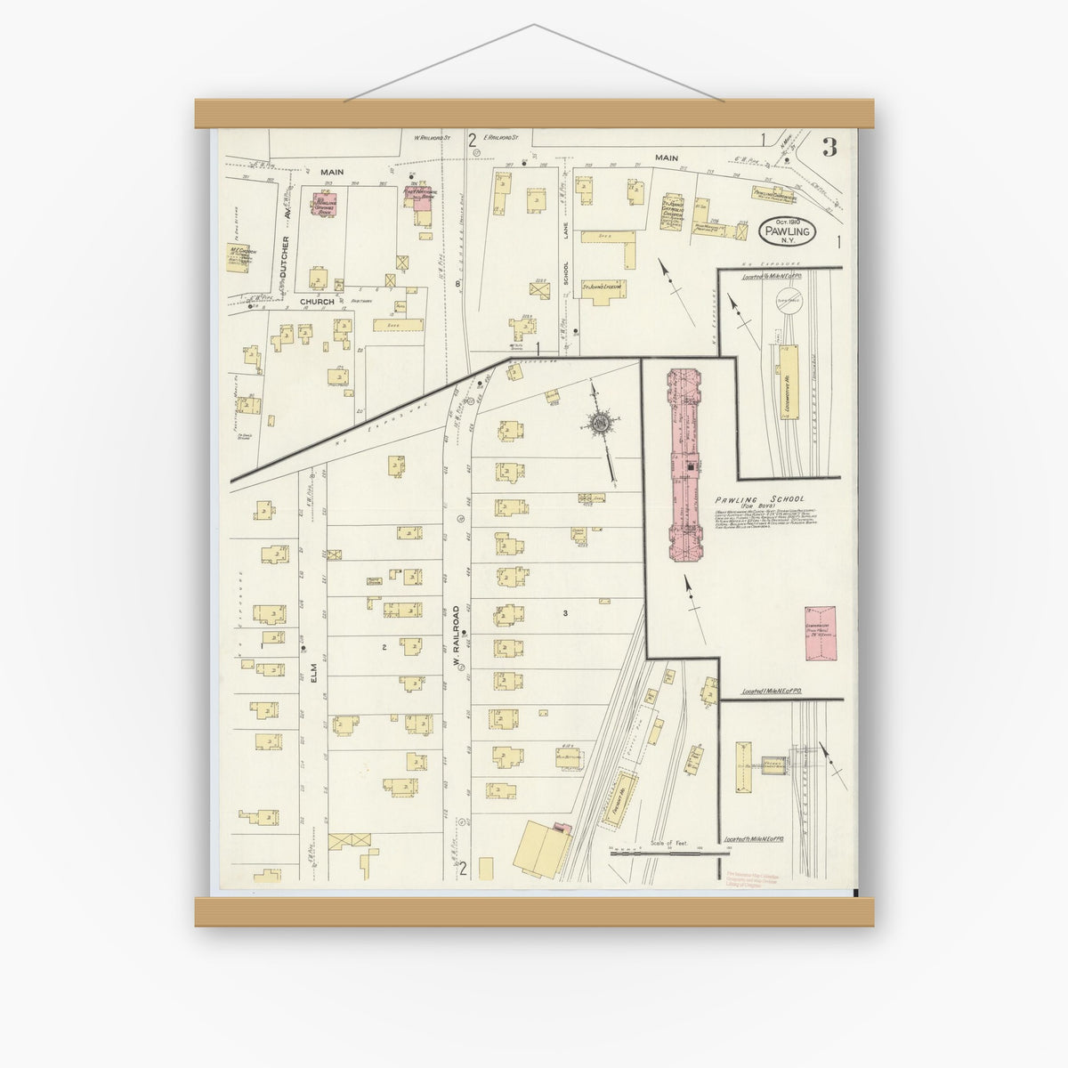 Old map wall art mockup — magnetic wood frame on white wall — Sanborn Fire Insurance Map from Pawling, Dutchess County, New York (1910), Sheet #0003