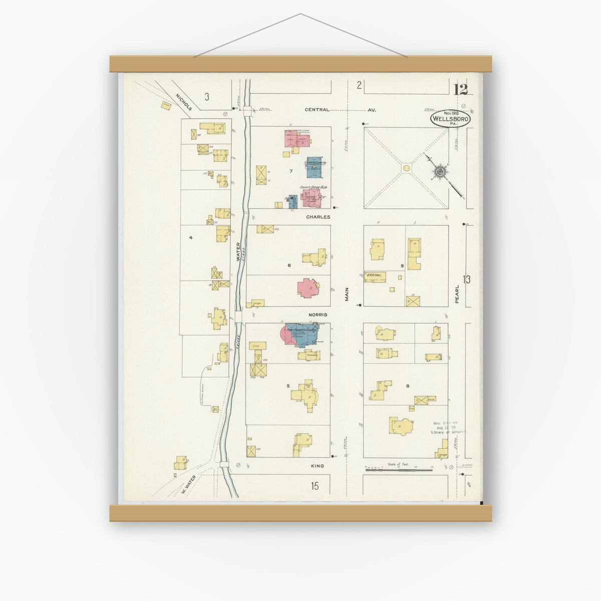 Old map wall art mockup — magnetic wood frame on white wall — Sanborn Fire Insurance Map from Wellsboro, Tioga County, Pennsylvania (1910), Sheet #0012