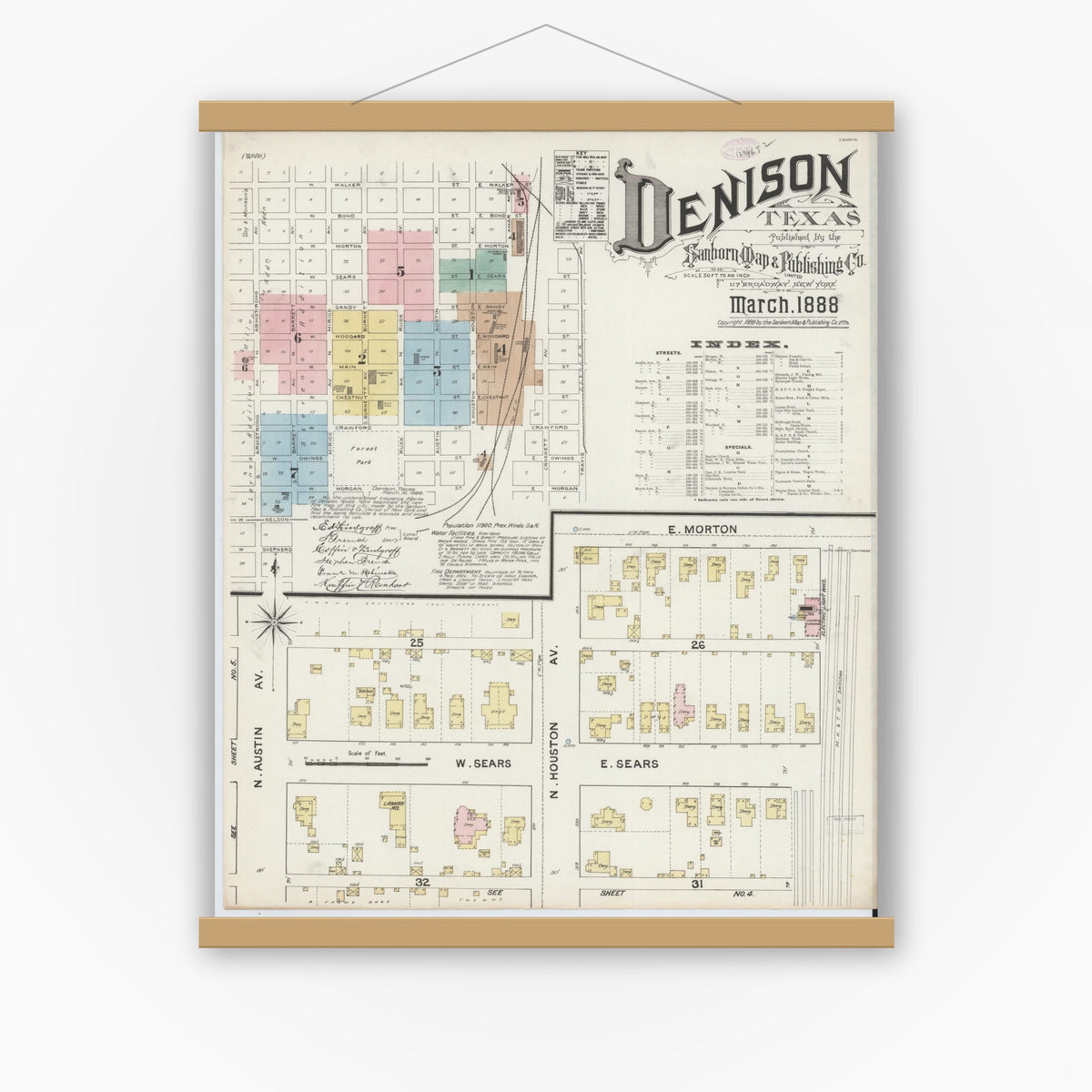 Old map wall art mockup — magnetic wood frame on white wall — Sanborn Fire Insurance Map from Denison, Grayson County, Texas (1888), Sheet #0001