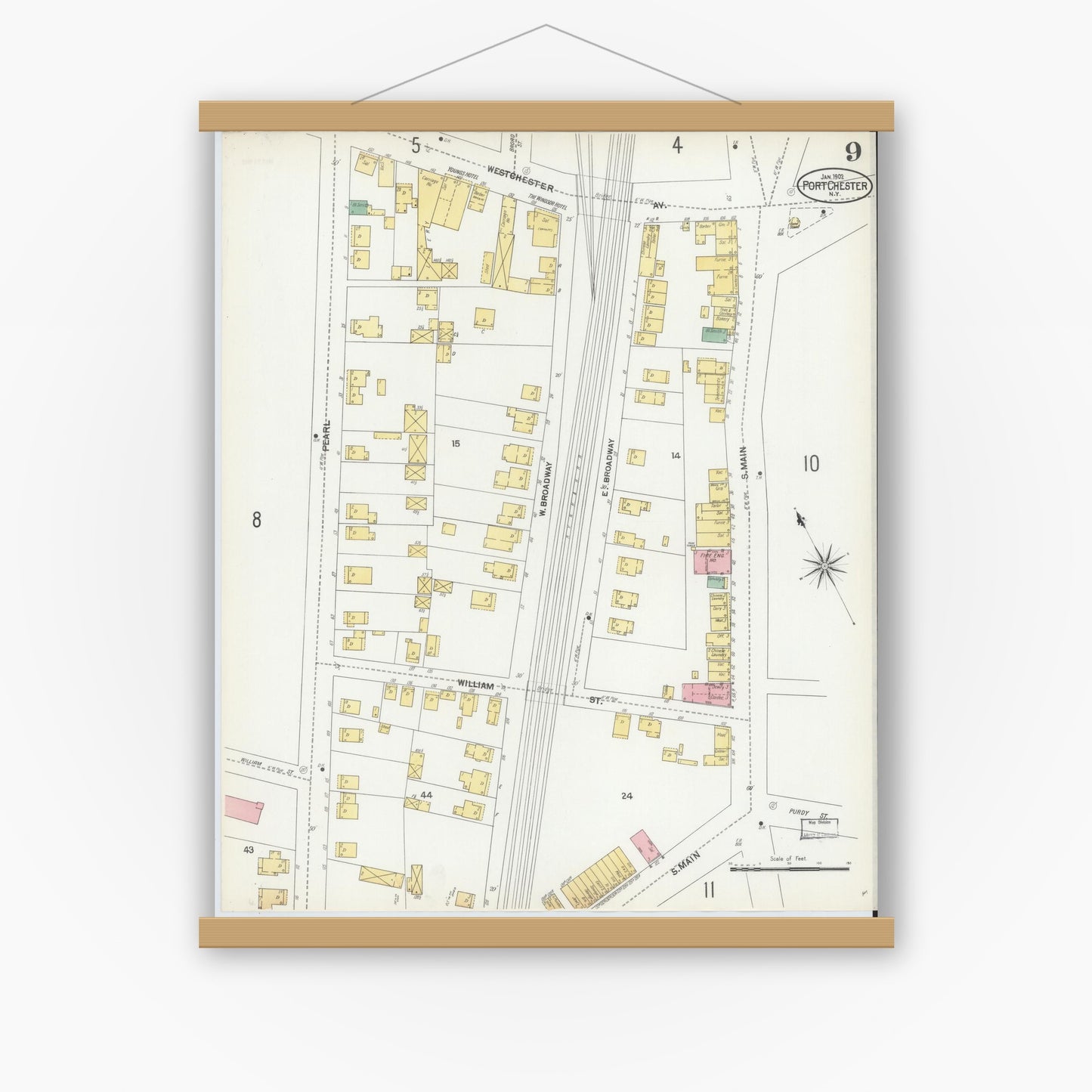 Old map wall art mockup — magnetic wood frame on white wall — Sanborn Fire Insurance Map from Port Chester, Westchester County, New York (1902), Sheet #0009