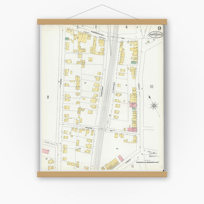Old map wall art mockup — magnetic wood frame on white wall — Sanborn Fire Insurance Map from Port Chester, Westchester County, New York (1902), Sheet #0009