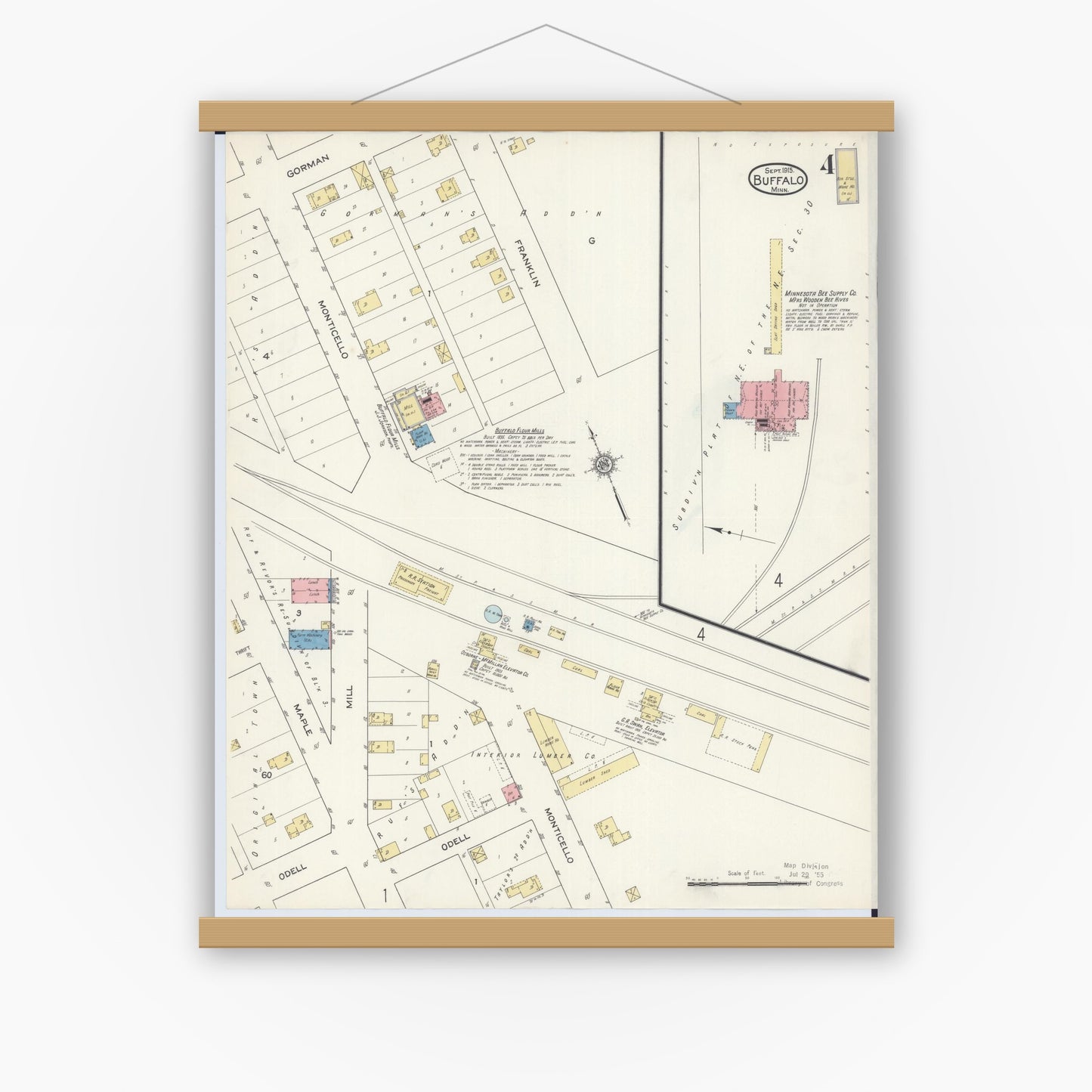 Old map wall art mockup — magnetic wood frame on white wall — Sanborn Fire Insurance Map from Buffalo, Wright County, Minnesota (1915), Sheet #0004
