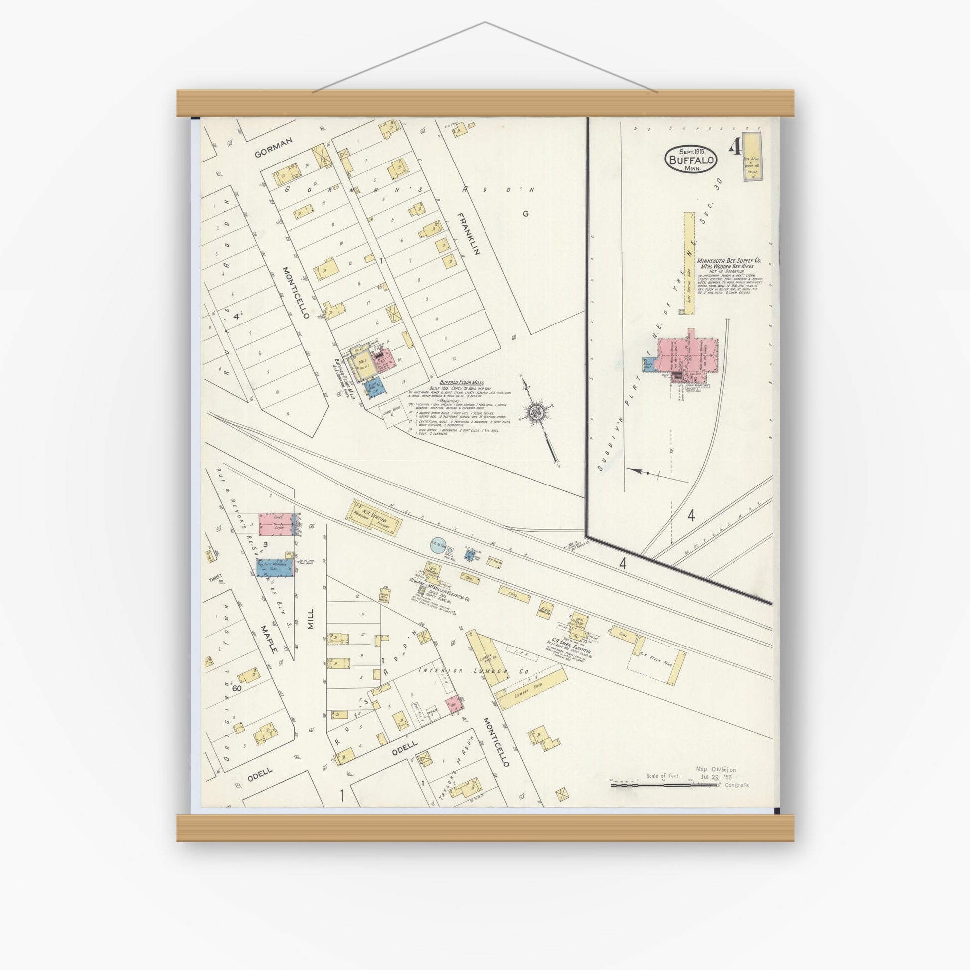 Old map wall art mockup — magnetic wood frame on white wall — Sanborn Fire Insurance Map from Buffalo, Wright County, Minnesota (1915), Sheet #0004