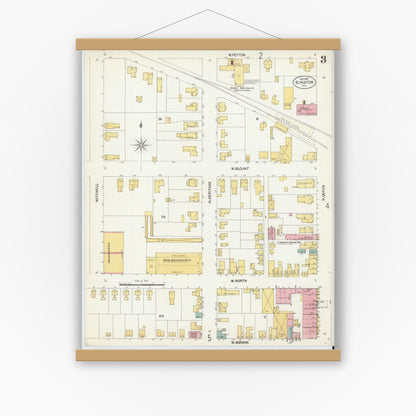 Old map wall art mockup — magnetic wood frame on white wall — Sanborn Fire Insurance Map from Kinston, Lenoir County, North Carolina (1901), Sheet #0003