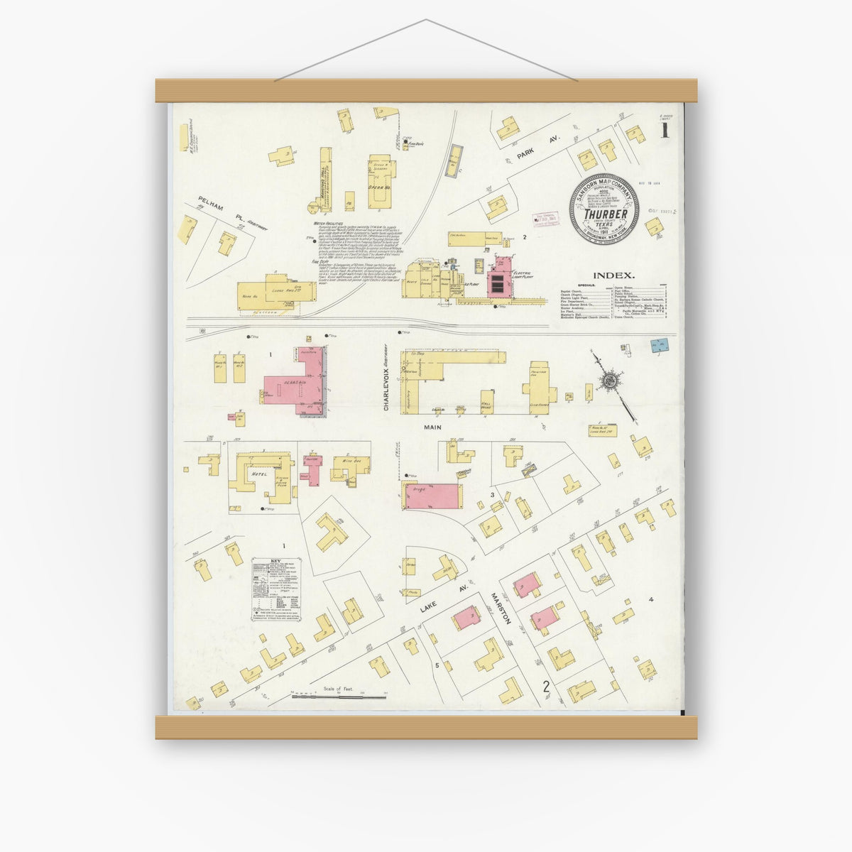 Old map wall art mockup — magnetic wood frame on white wall — Sanborn Fire Insurance Map from Thurber, Erath County, Texas (1911) - Complete Map Set