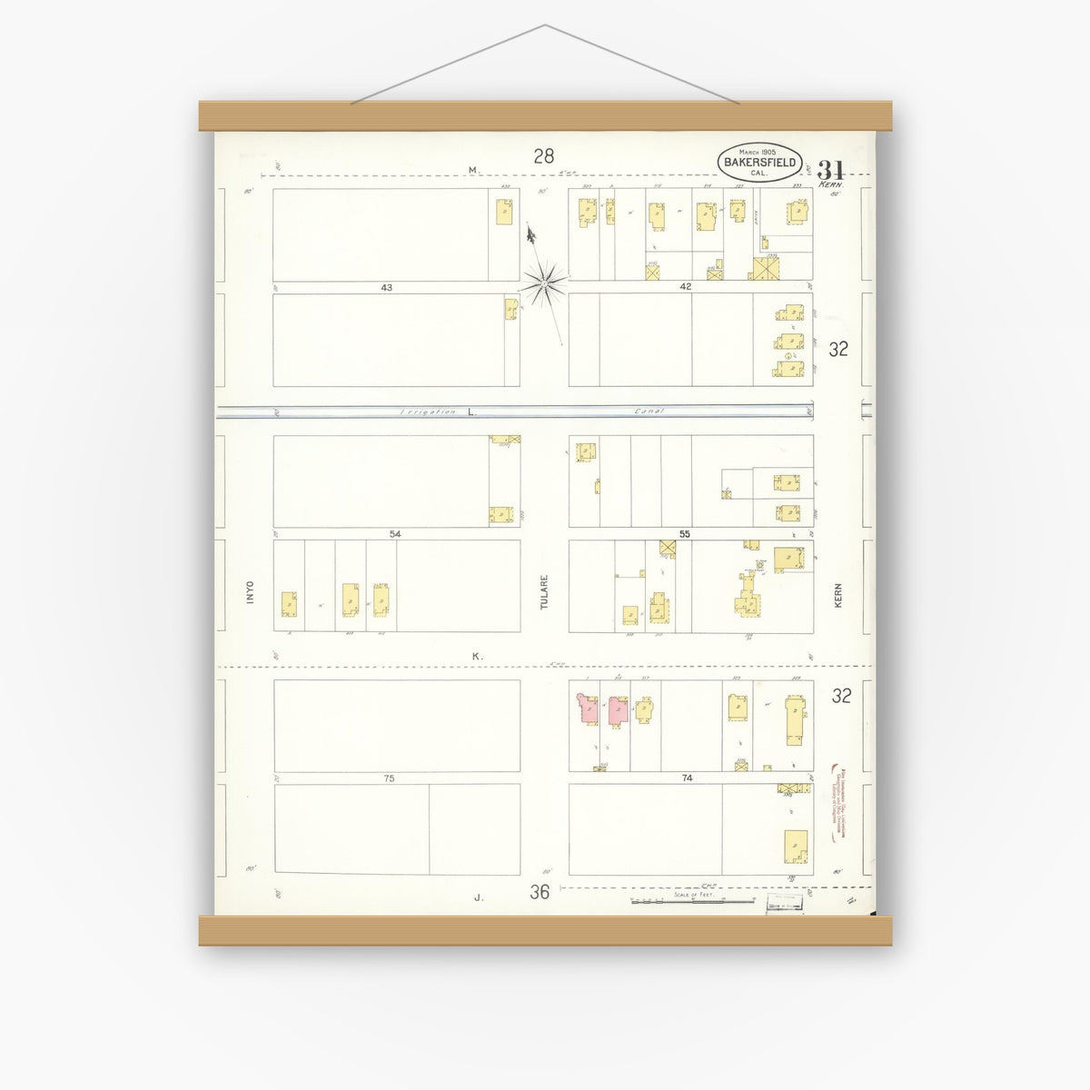 Old map wall art mockup — magnetic wood frame on white wall — Sanborn Fire Insurance Map from Bakersfield, Kern County, California (1905), Sheet #0031