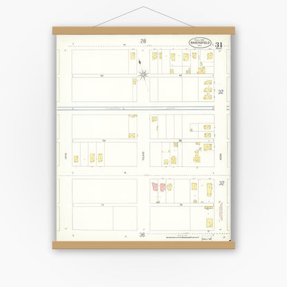 Old map wall art mockup — magnetic wood frame on white wall — Sanborn Fire Insurance Map from Bakersfield, Kern County, California (1905), Sheet #0031