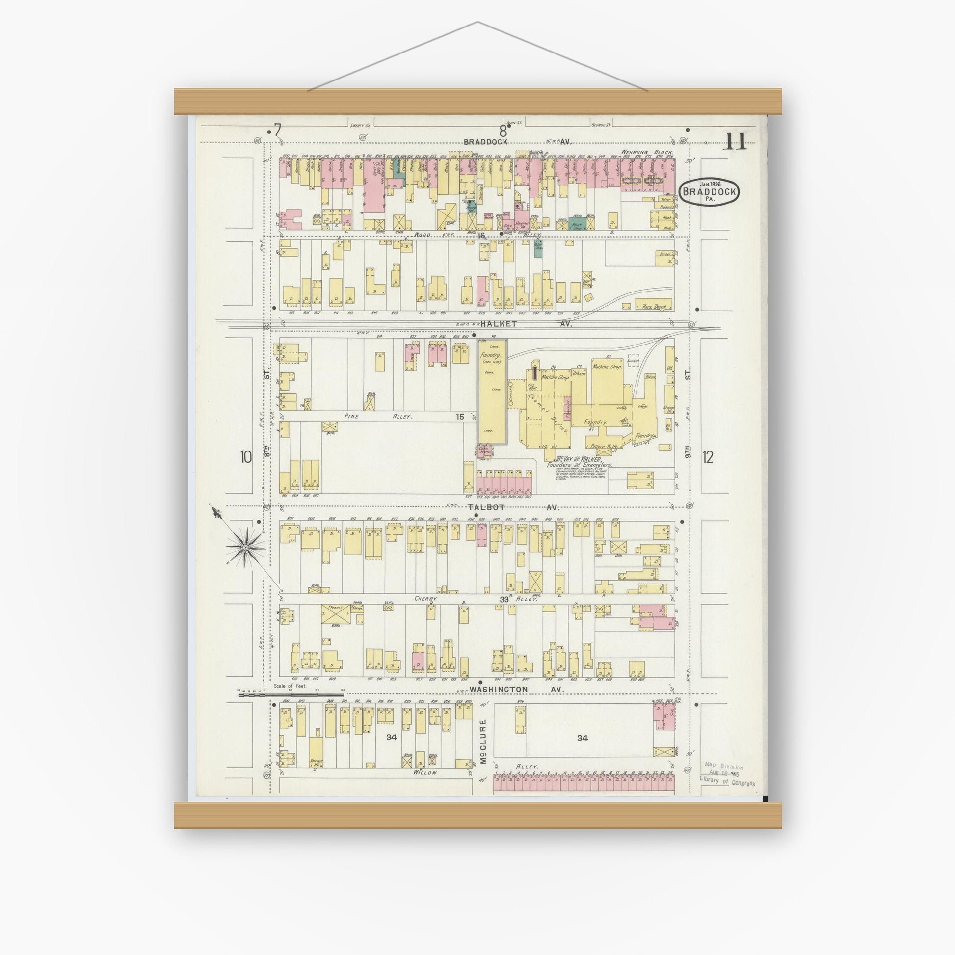 Old map wall art mockup — magnetic wood frame on white wall — Sanborn Fire Insurance Map from Braddock, Allegheny County, Pennsylvania (1896), Sheet #0011