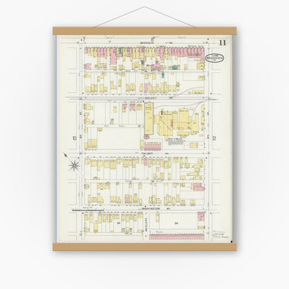 Old map wall art mockup — magnetic wood frame on white wall — Sanborn Fire Insurance Map from Braddock, Allegheny County, Pennsylvania (1896), Sheet #0011
