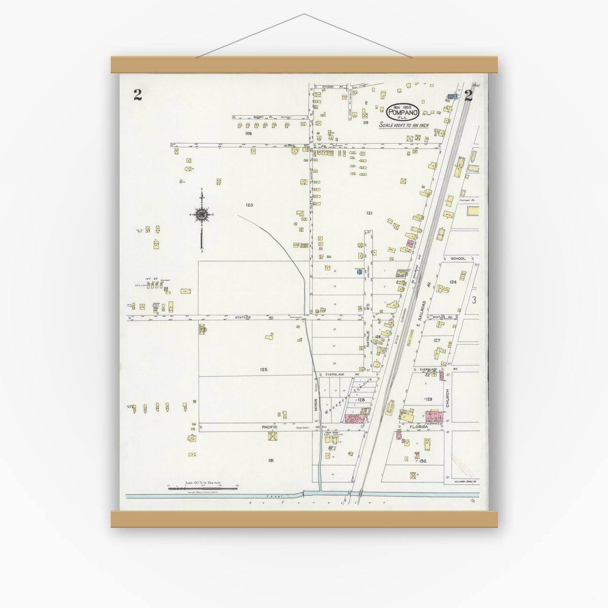 Old map wall art mockup — magnetic wood frame on white wall — Sanborn Fire Insurance Map from Pompano, Broward County, Florida (1924), Sheet #0002
