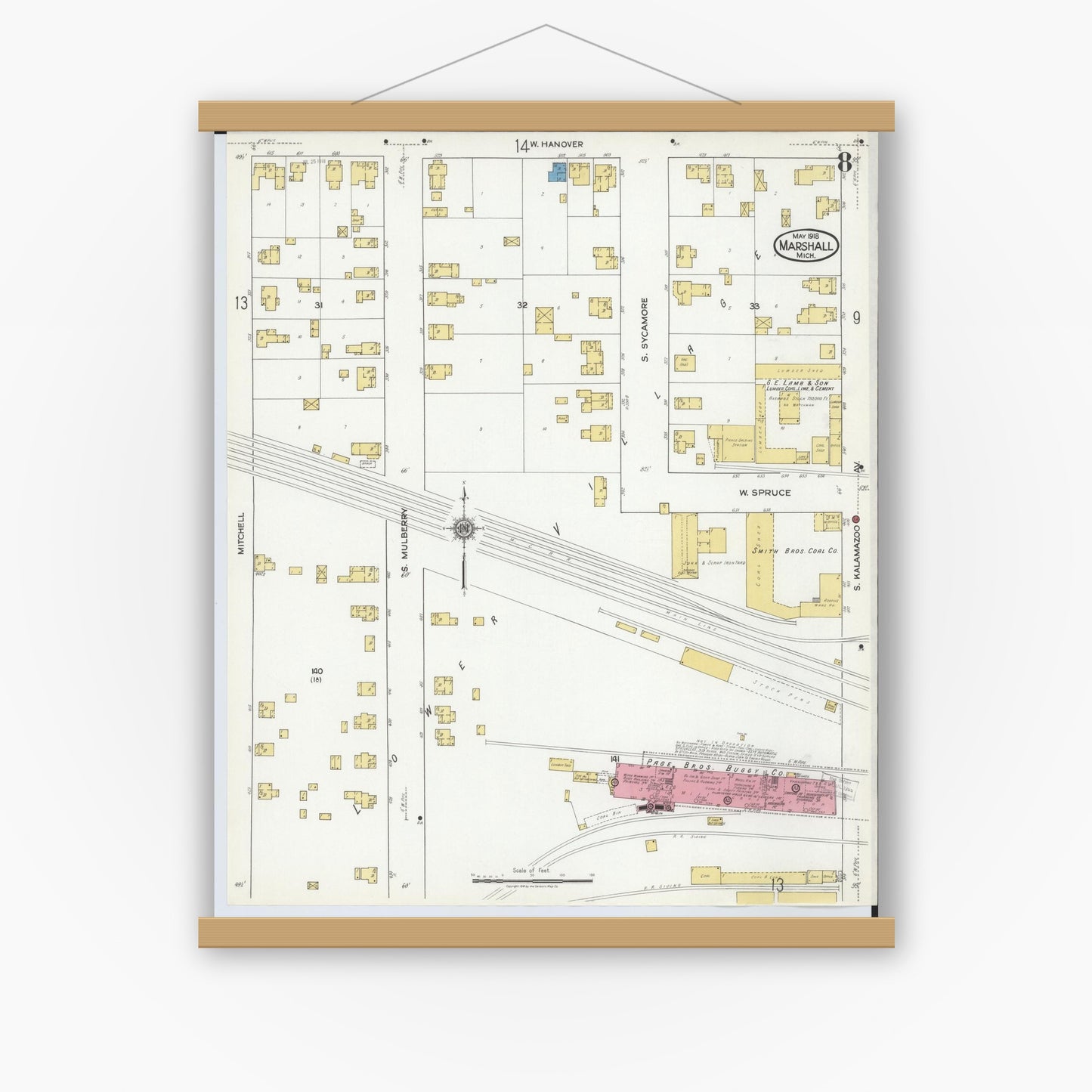 Old map wall art mockup — magnetic wood frame on white wall — Sanborn Fire Insurance Map from Marshall, Calhoun County, Michigan (1916), Sheet #0008