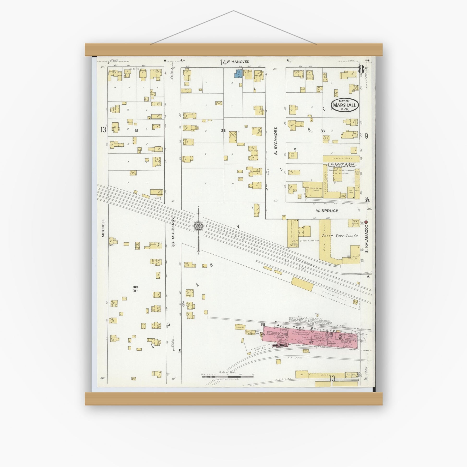 Old map wall art mockup — magnetic wood frame on white wall — Sanborn Fire Insurance Map from Marshall, Calhoun County, Michigan (1916), Sheet #0008