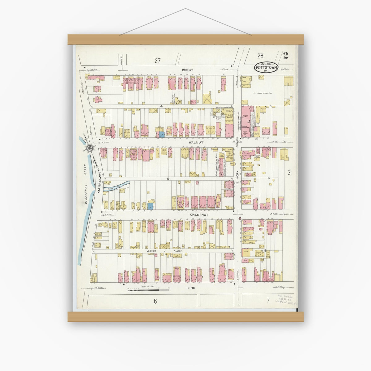 Old map wall art mockup — magnetic wood frame on white wall — Sanborn Fire Insurance Map from Pottstown, Montgomery County, Pennsylvania (1916), Sheet #0002