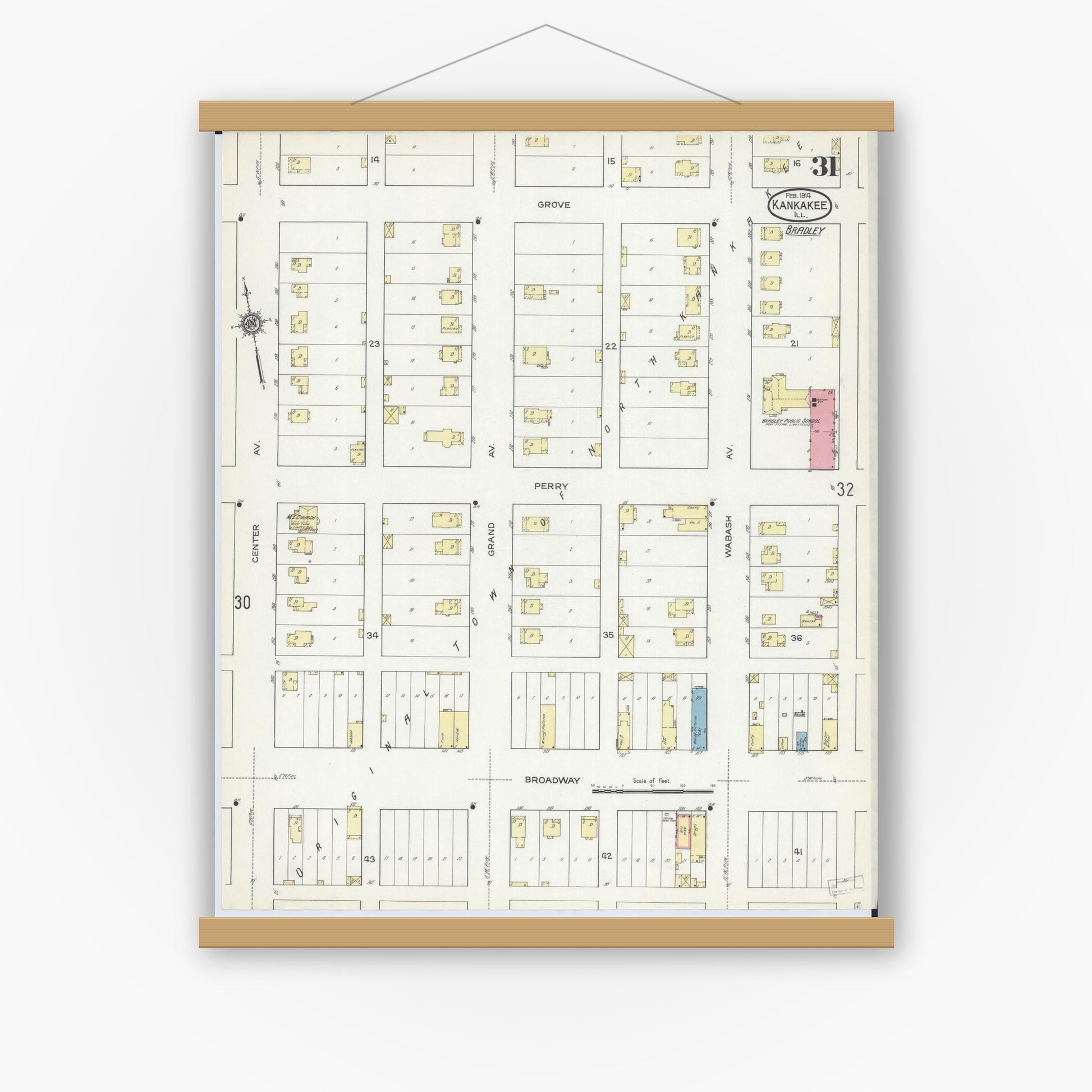 Old map wall art mockup — magnetic wood frame on white wall — Sanborn Fire Insurance Map from Kankakee, Kankakee County, Illinois (1914), Sheet #0031