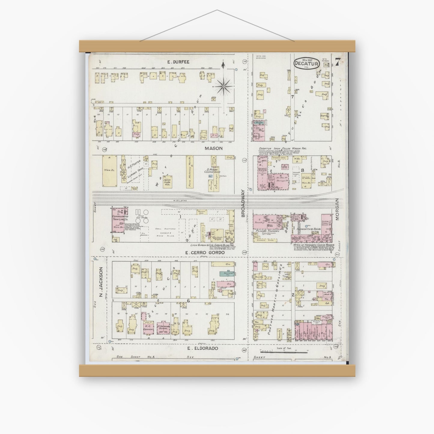 Old map wall art mockup — magnetic wood frame on white wall — Sanborn Fire Insurance Map from Decatur, Macon County, Illinois (1887), Sheet #0007