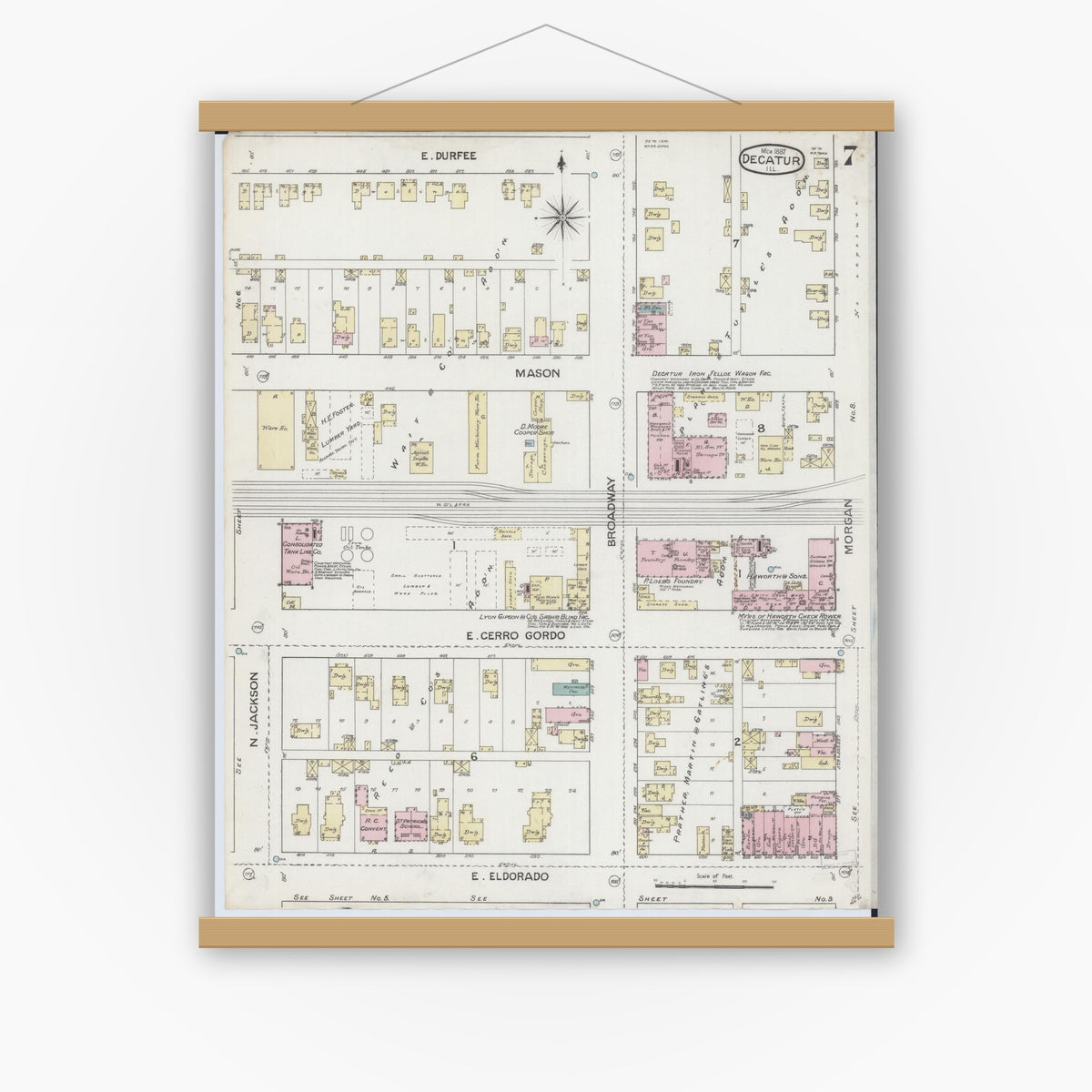 Old map wall art mockup — magnetic wood frame on white wall — Sanborn Fire Insurance Map from Decatur, Macon County, Illinois (1887), Sheet #0007