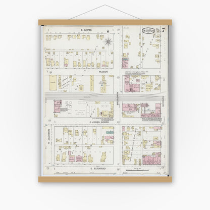 Old map wall art mockup — magnetic wood frame on white wall — Sanborn Fire Insurance Map from Decatur, Macon County, Illinois (1887), Sheet #0007