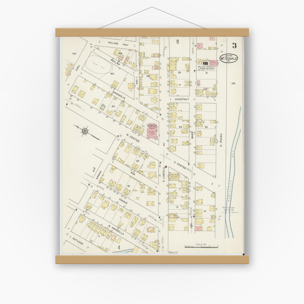 Old map wall art mockup — magnetic wood frame on white wall — Sanborn Fire Insurance Map from McDonald, Washington County, Pennsylvania (1915), Sheet #0003
