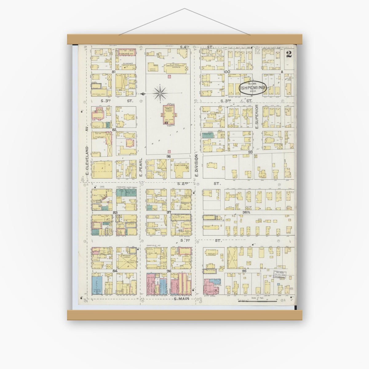 Old map wall art mockup — magnetic wood frame on white wall — Sanborn Fire Insurance Map from Ishpeming, Marquette County, Michigan (1892), Sheet #0002
