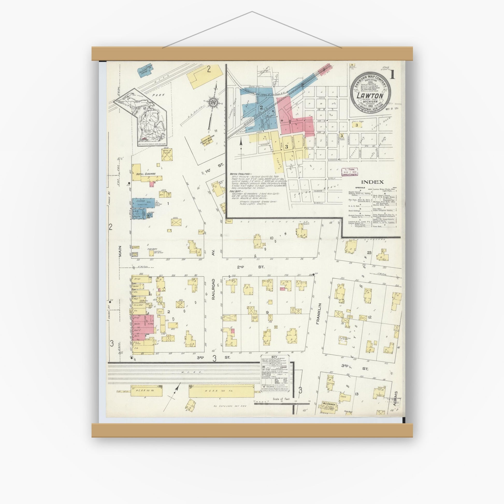 Old map wall art mockup — magnetic wood frame on white wall — Sanborn Fire Insurance Map from Lawton, Van Buren County, Michigan (1913), Sheet #0001