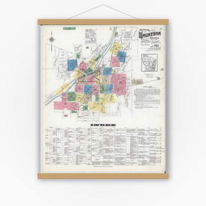 Old map wall art mockup — magnetic wood frame on white wall — Sanborn Fire Insurance Map from Waukesha, Waukesha County, Wisconsin (1917) - Complete Map Set