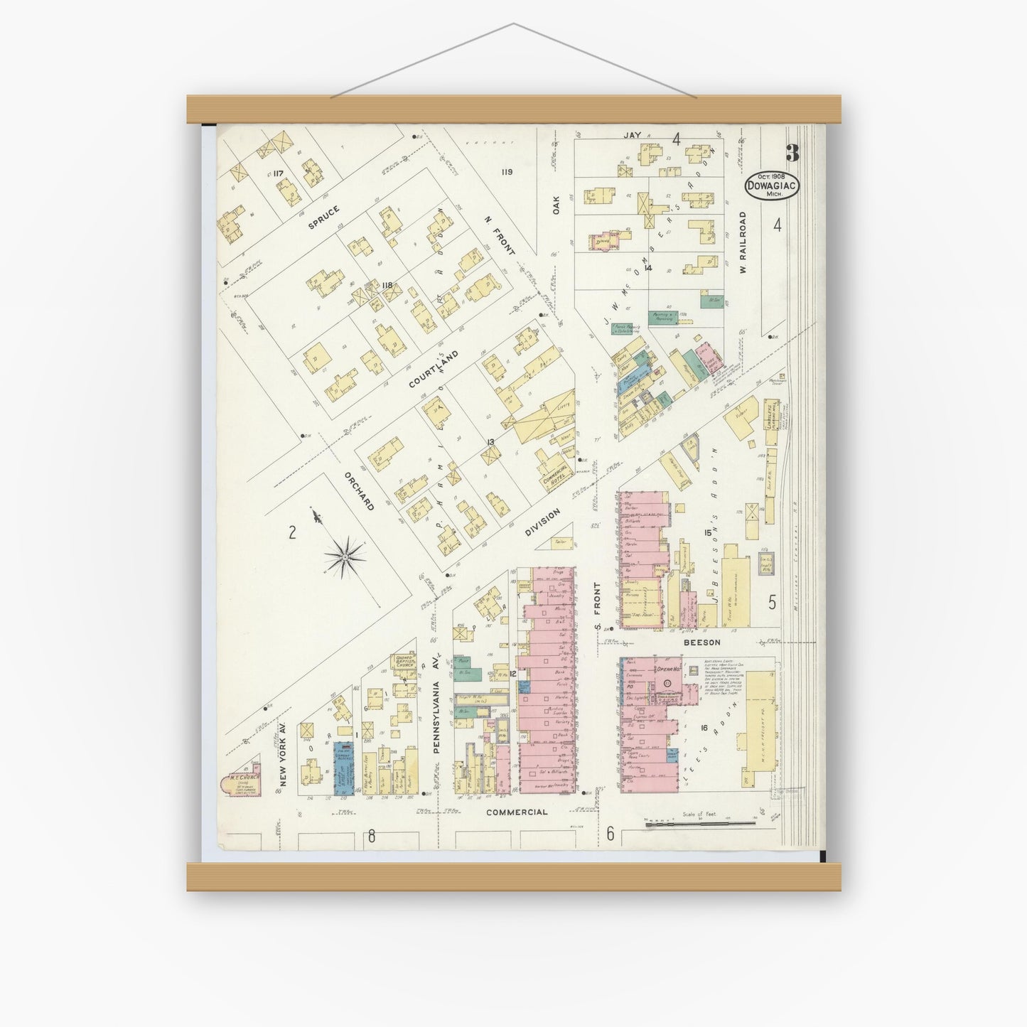 Old map wall art mockup — magnetic wood frame on white wall — Sanborn Fire Insurance Map from Dowagiac, Cass County, Michigan (1908), Sheet #0003