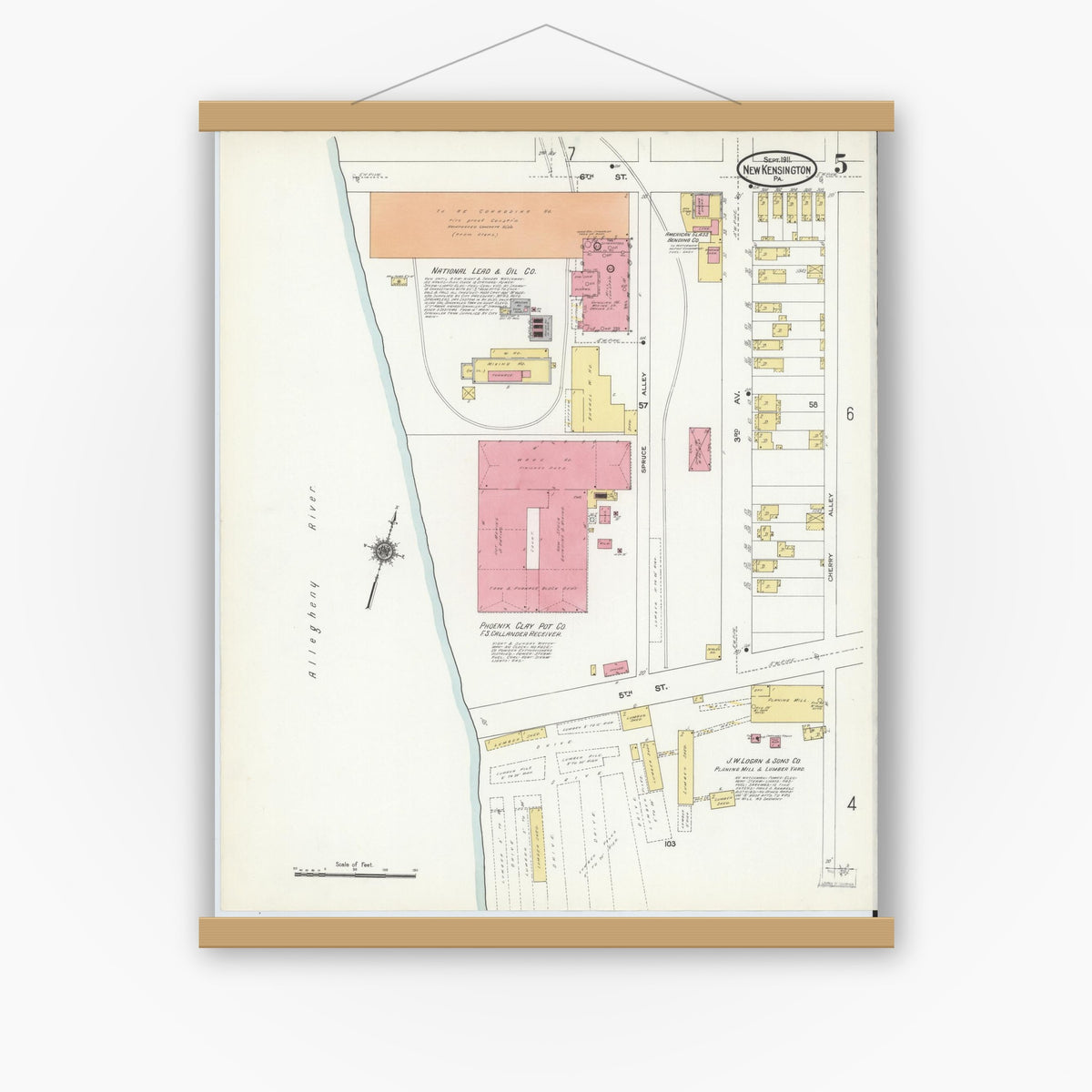Old map wall art mockup — magnetic wood frame on white wall — Sanborn Fire Insurance Map from New Kensington, Westmoreland County, Pennsylvania (1911), Sheet #0005