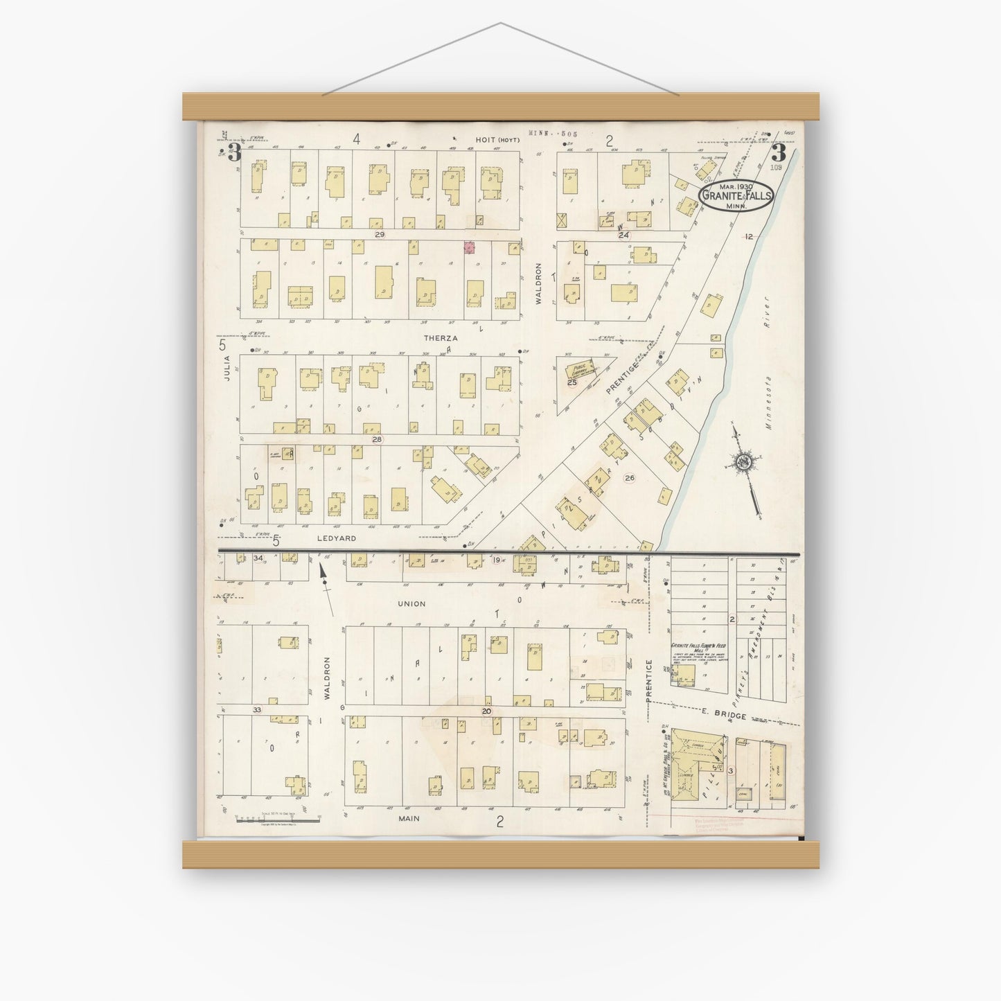 Old map wall art mockup — magnetic wood frame on white wall — Sanborn Fire Insurance Map from Granite Falls, Yellow Medicine And Chippewa Counties, Minnesota (1941), Sheet #0003