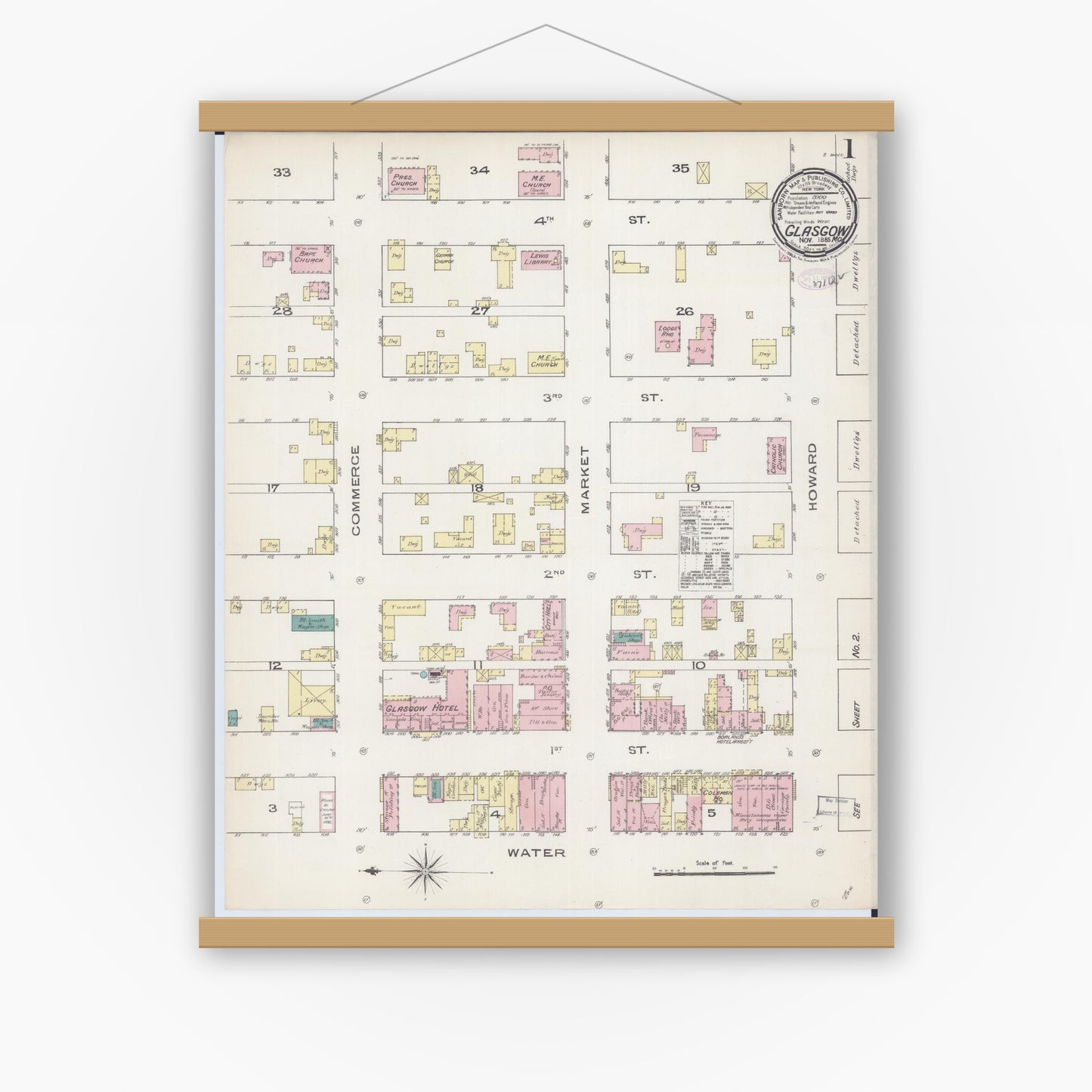 Old map wall art mockup — magnetic wood frame on white wall — Sanborn Fire Insurance Map from Glasgow, Howard County, Missouri (1885) - Complete Map Set