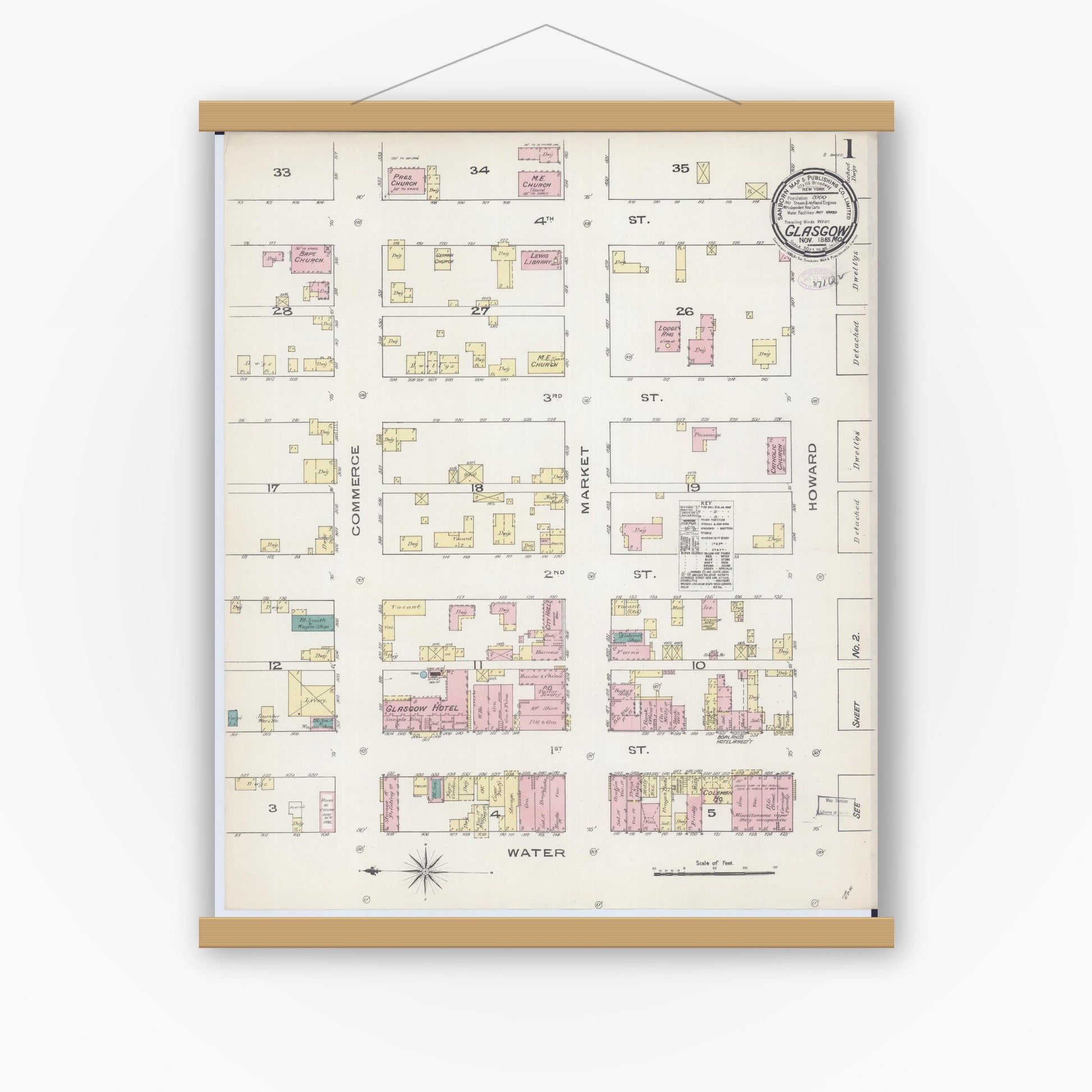 Old map wall art mockup — magnetic wood frame on white wall — Sanborn Fire Insurance Map from Glasgow, Howard County, Missouri (1885) - Complete Map Set