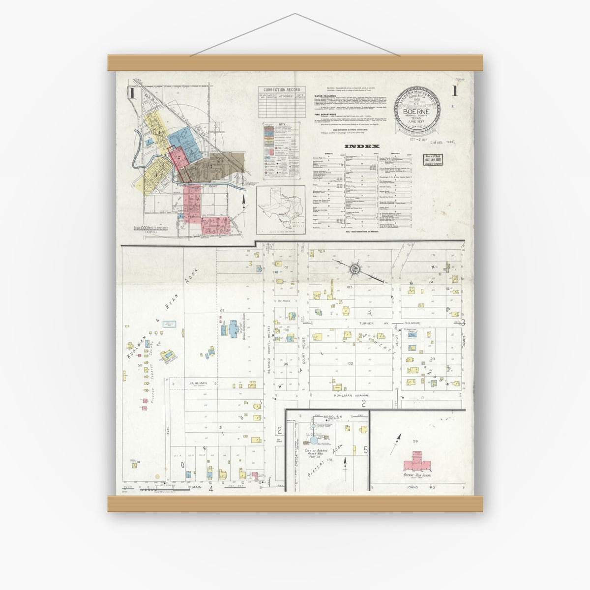 Old map wall art mockup — magnetic wood frame on white wall — Sanborn Fire Insurance Map from Boerne, Kendall County, Texas (1937) - Complete Map Set