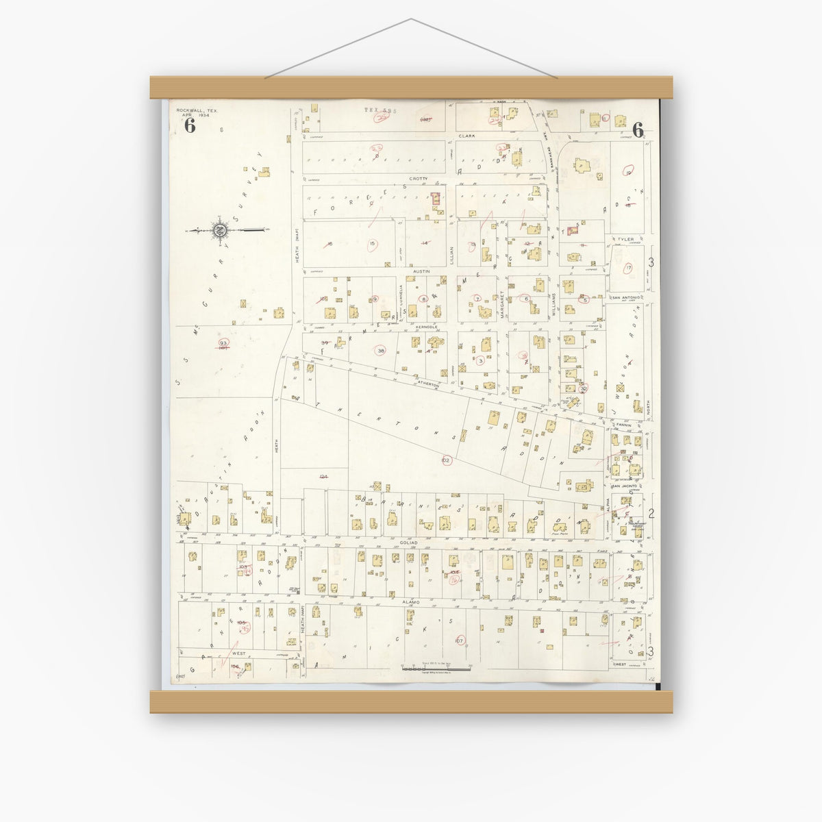 Old map wall art mockup — magnetic wood frame on white wall — Sanborn Fire Insurance Map from Rockwall, Rockwall County, Texas (1945), Sheet #0006