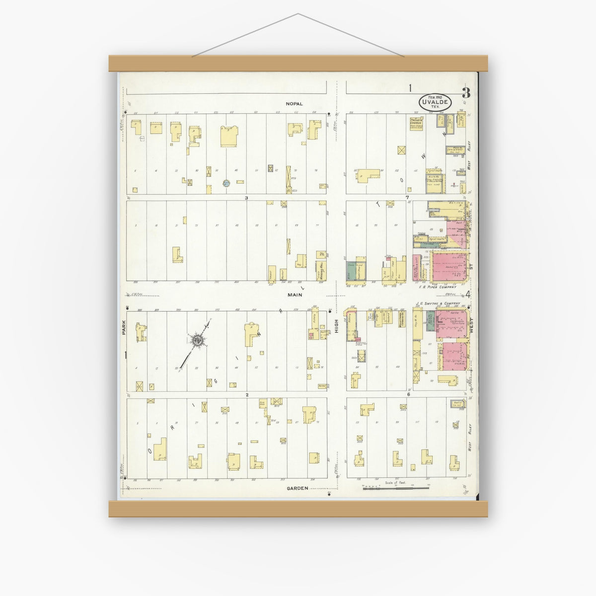 Old map wall art mockup — magnetic wood frame on white wall — Sanborn Fire Insurance Map from Uvalde, Uvalde County, Texas (1910), Sheet #0003