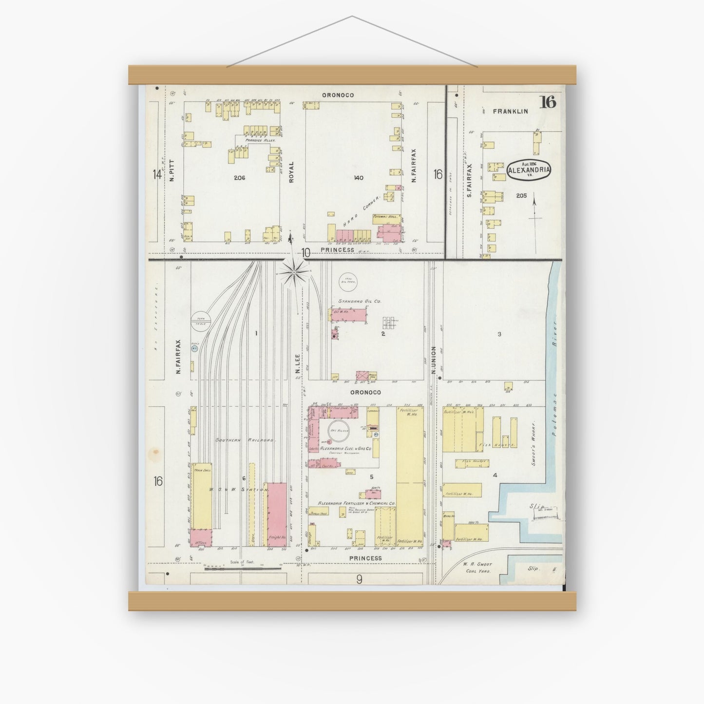 Old map wall art mockup — magnetic wood frame on white wall — Sanborn Fire Insurance Map from Alexandria, Independent Cities, Virginia (1891), Sheet #0016