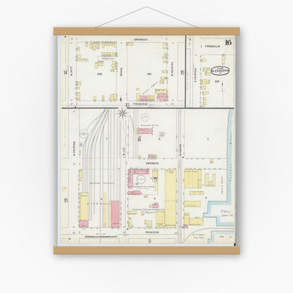 Old map wall art mockup — magnetic wood frame on white wall — Sanborn Fire Insurance Map from Alexandria, Independent Cities, Virginia (1891), Sheet #0016
