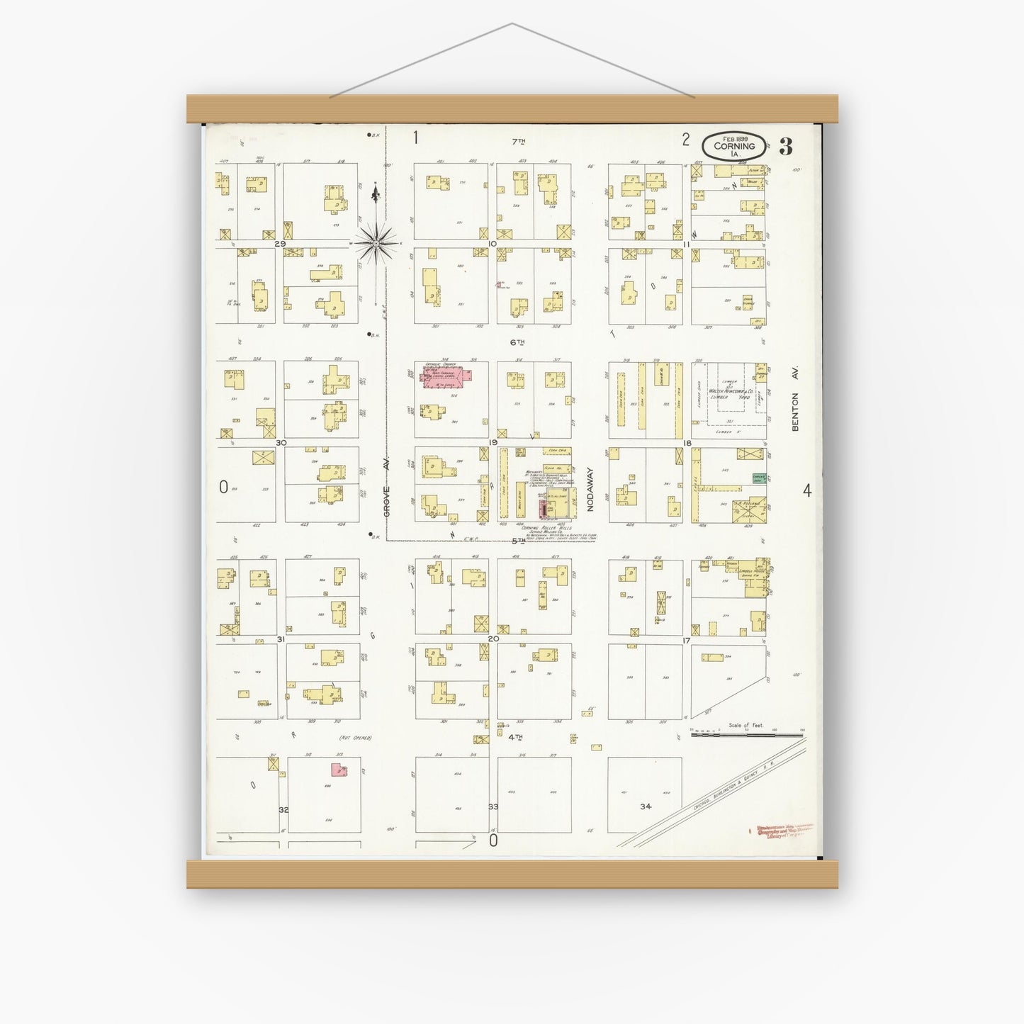 Old map wall art mockup — magnetic wood frame on white wall — Sanborn Fire Insurance Map from Corning, Adams County, Iowa (1899), Sheet #0003