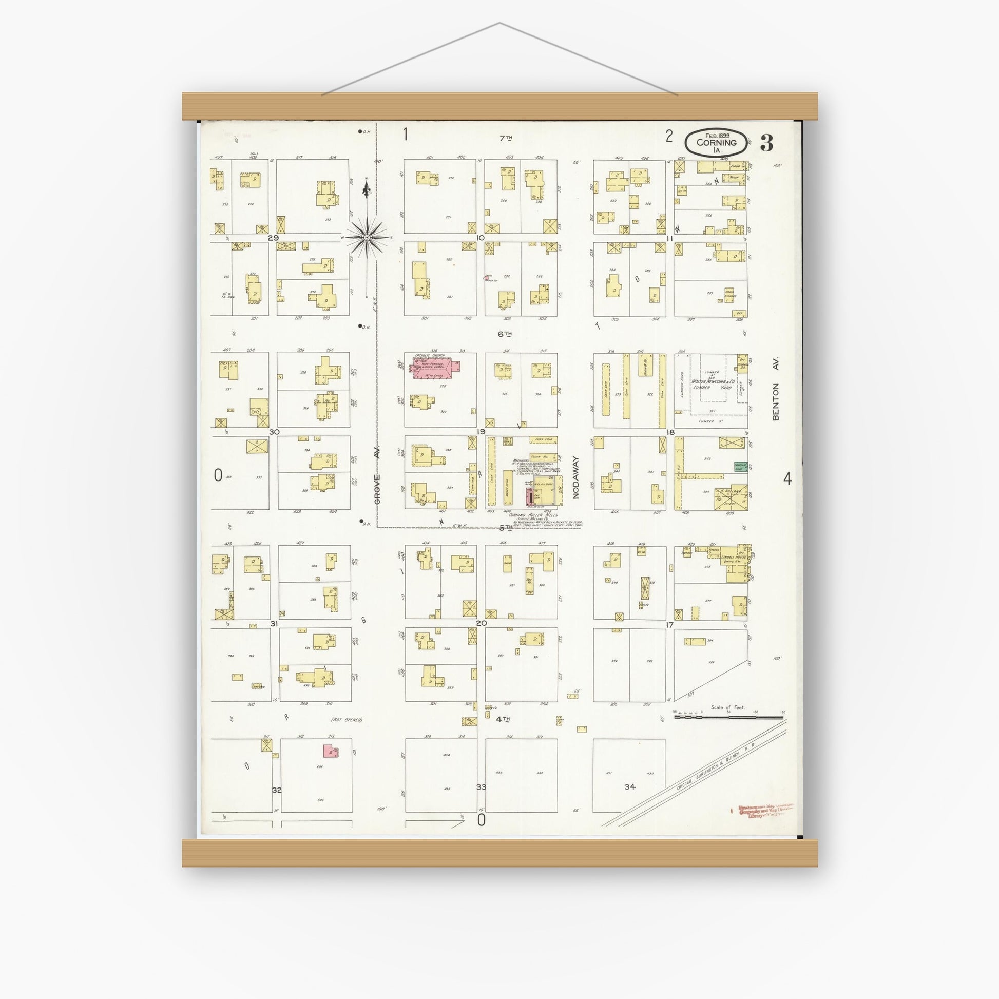 Old map wall art mockup — magnetic wood frame on white wall — Sanborn Fire Insurance Map from Corning, Adams County, Iowa (1899), Sheet #0003