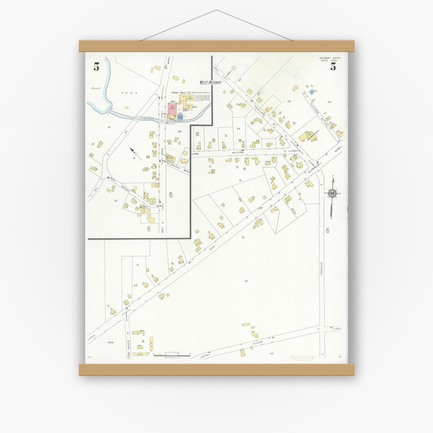 Old map wall art mockup — magnetic wood frame on white wall — Sanborn Fire Insurance Map from Medway, Norfolk County, Massachusetts (1933), Sheet #0005
