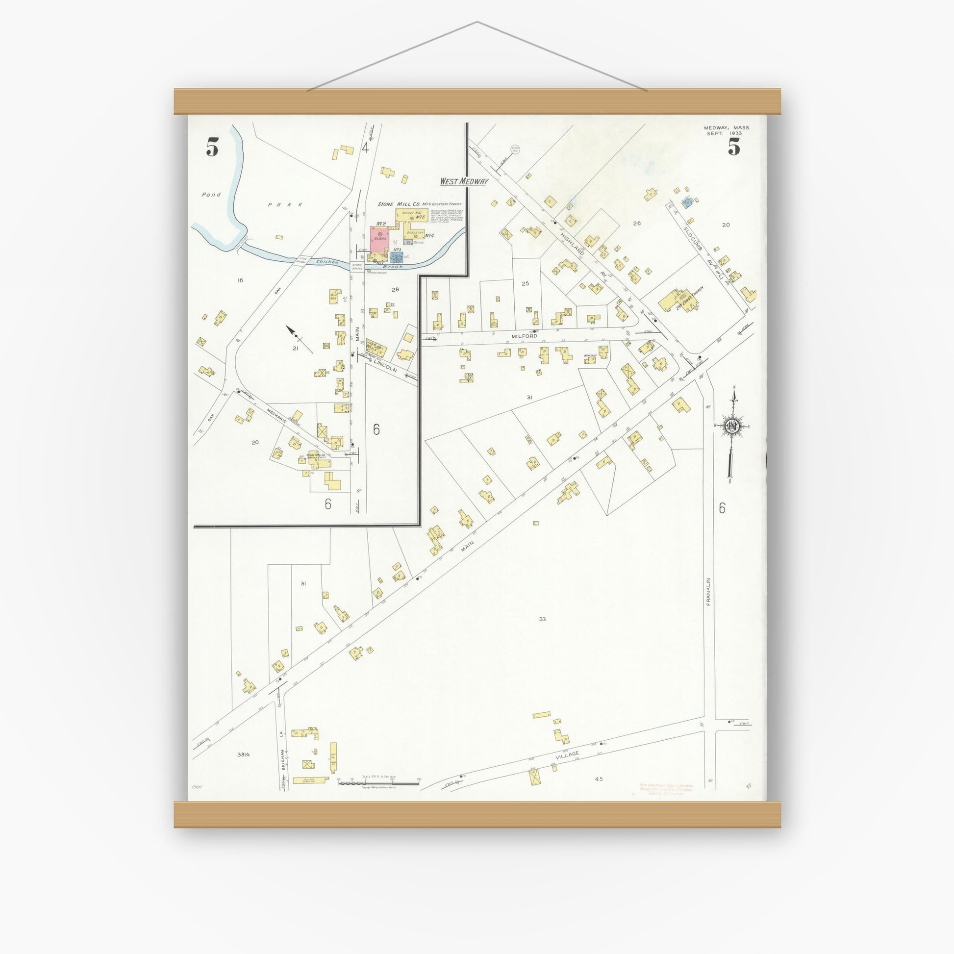 Old map wall art mockup — magnetic wood frame on white wall — Sanborn Fire Insurance Map from Medway, Norfolk County, Massachusetts (1933), Sheet #0005