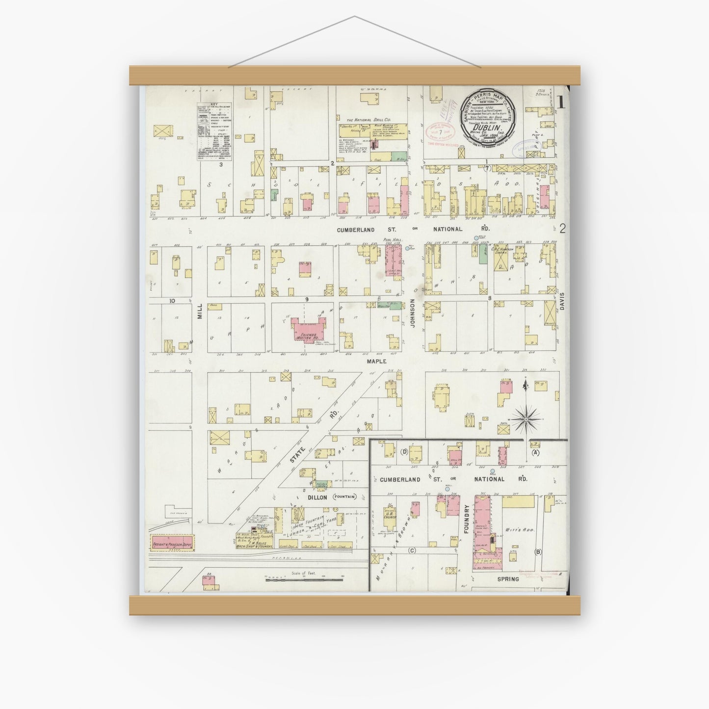 Old map wall art mockup — magnetic wood frame on white wall — Sanborn Fire Insurance Map from Dublin, Wayne County, Indiana (1898) - Complete Map Set