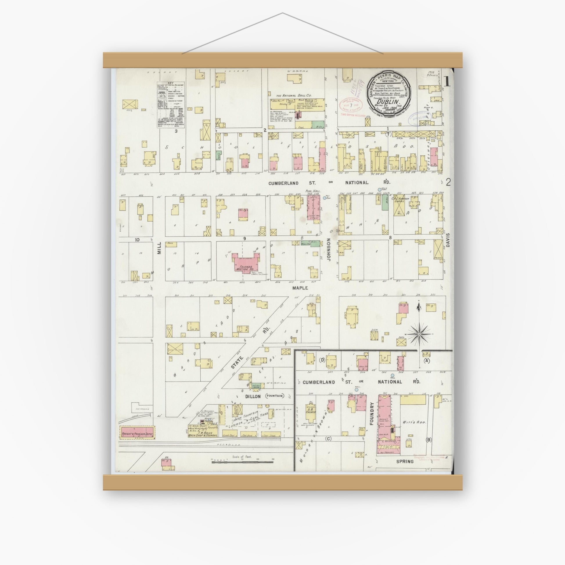 Old map wall art mockup — magnetic wood frame on white wall — Sanborn Fire Insurance Map from Dublin, Wayne County, Indiana (1898) - Complete Map Set