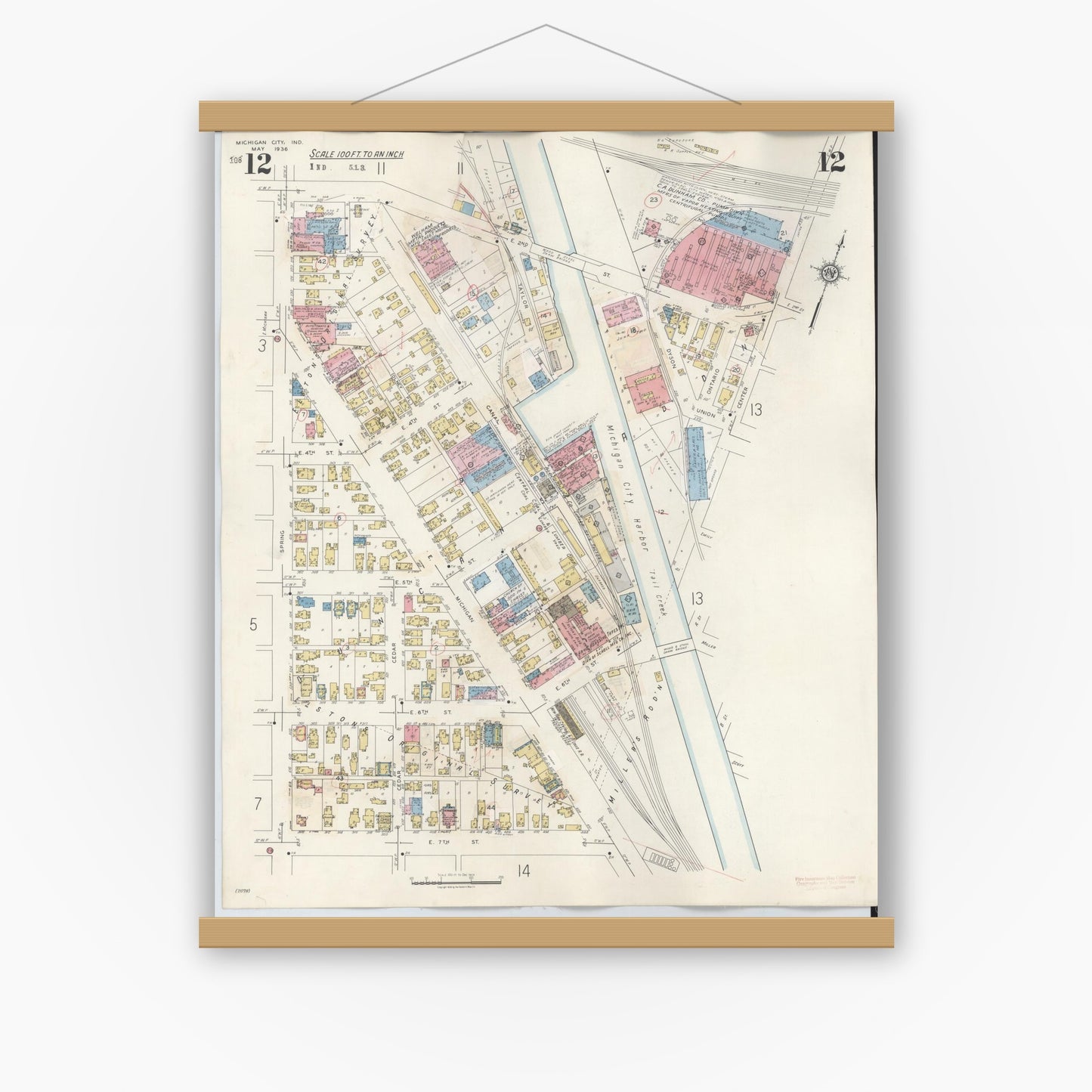 Old map wall art mockup — magnetic wood frame on white wall — Sanborn Fire Insurance Map from Michigan City, La Porte County, Indiana (1948), Sheet #0012